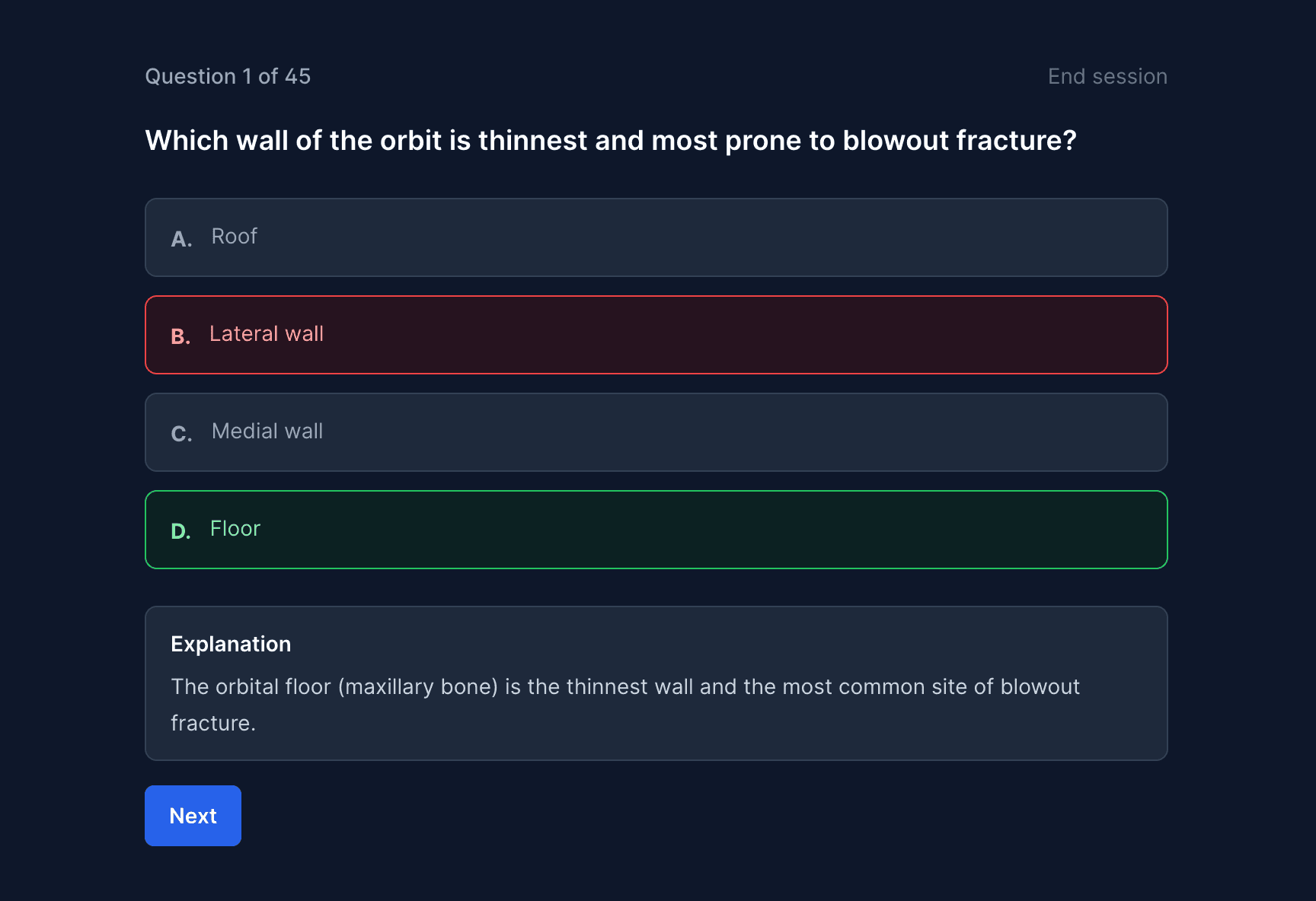 Eye Notes MCQ interface